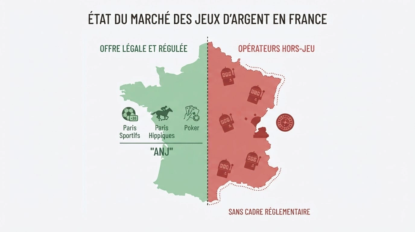 Une carte ou un schéma montrant la distinction entre les opérateurs agréés ANJ (paris sportifs, poker, hippisme) et les casinos en ligne offshore qui échappent à la régulation française.