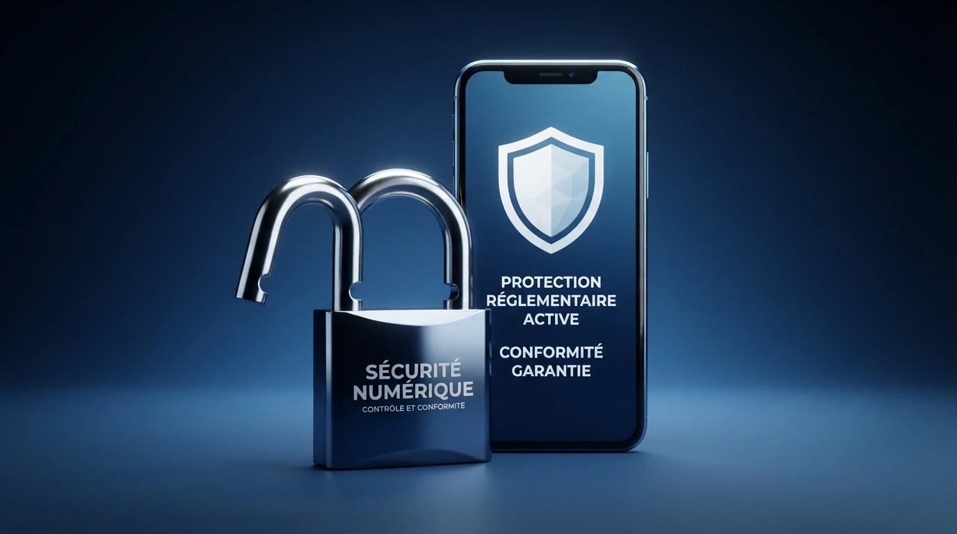 Le logo officiel de l'ANJ sur un fond bleu-blanc-rouge, avec un cadenas ouvert et un téléphone montrant Apple Pay en surimpression