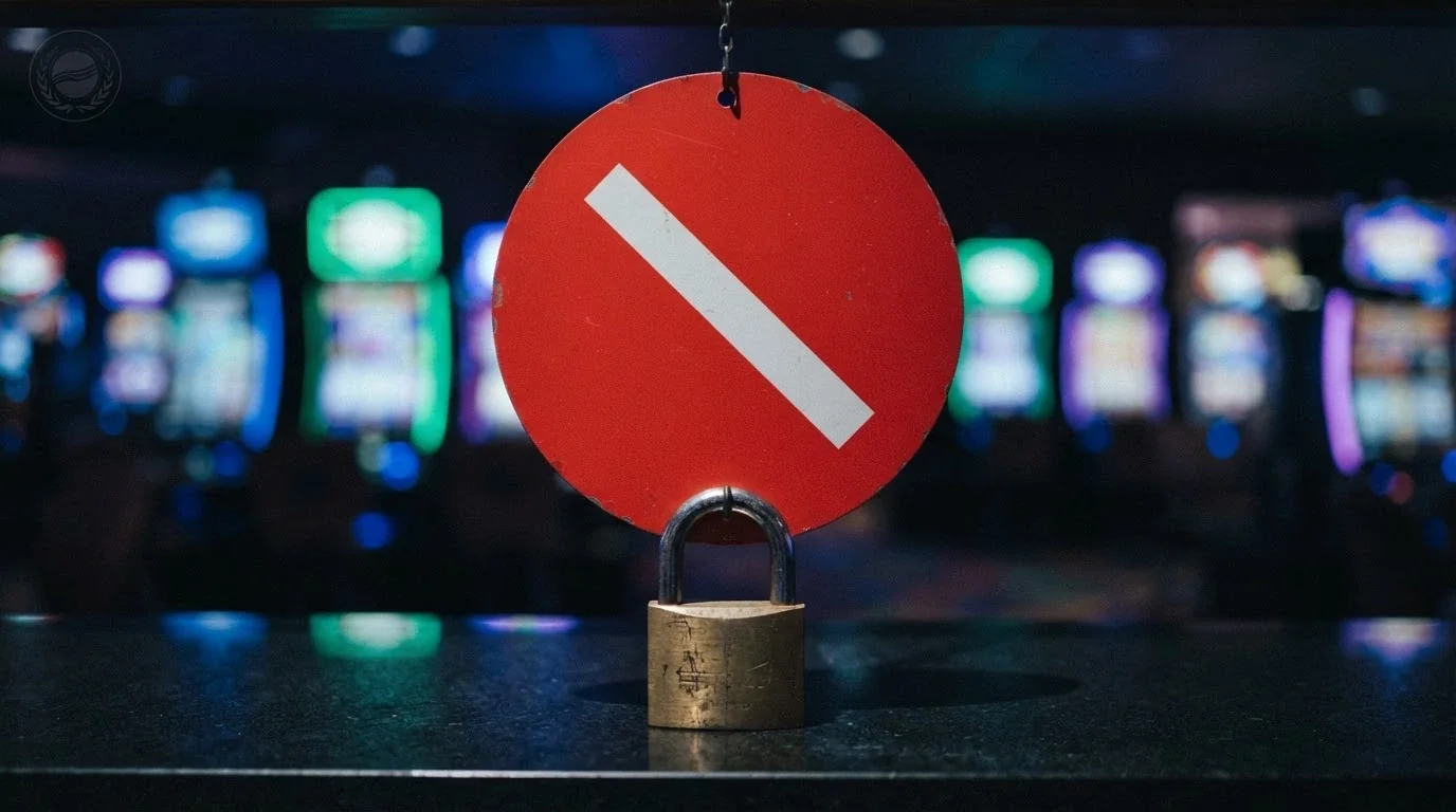 Panneau d'interdiction symbolique avec le logo de l'ANJ et un cadenas, devant un fond de jeux de casino floutés