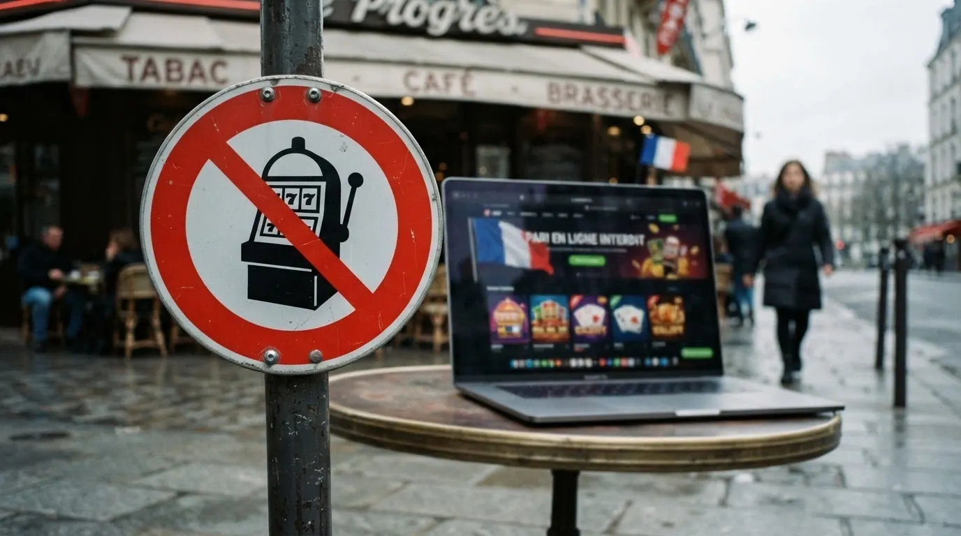 Panneau « Accès interdit » superposé au drapeau français devant une interface de casino en ligne
