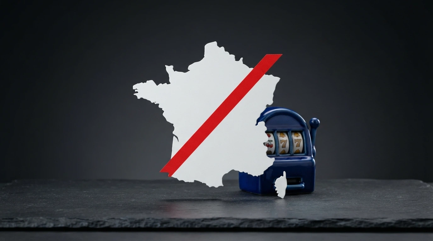 Carte de France stylisée barrée d'un trait rouge devant l'icône d'une machine à sous, avec le logo de l'ANJ dans un coin