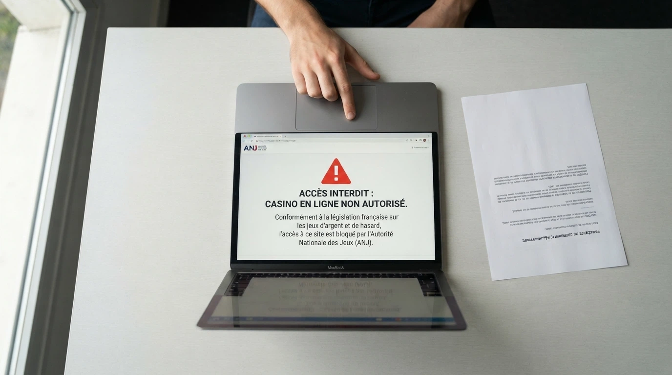 Visuel pédagogique illustrant le statut légal du casino en ligne en France — interdiction, exceptions, autorité de régulation
