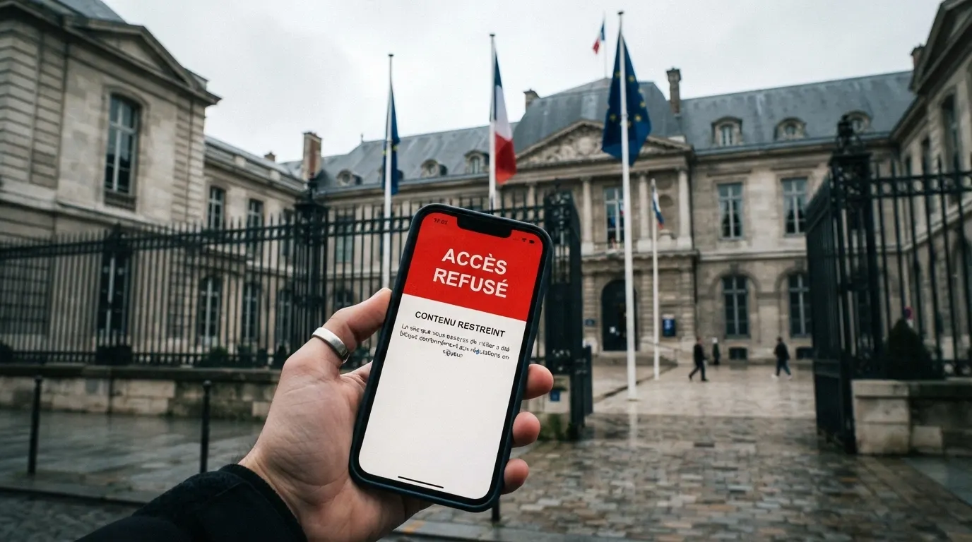 La façade du siège de l'Autorité nationale des jeux à Paris, drapeau français et européen à l'entrée, un écran de smartphone montrant une page de blocage d'un site de casino illégal