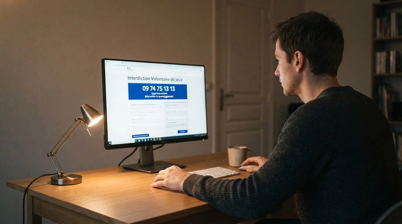 Une personne consultant le site de l'Interdiction Volontaire de Jeux sur un écran d'ordinateur, avec le numéro de Joueurs Info Service visible.