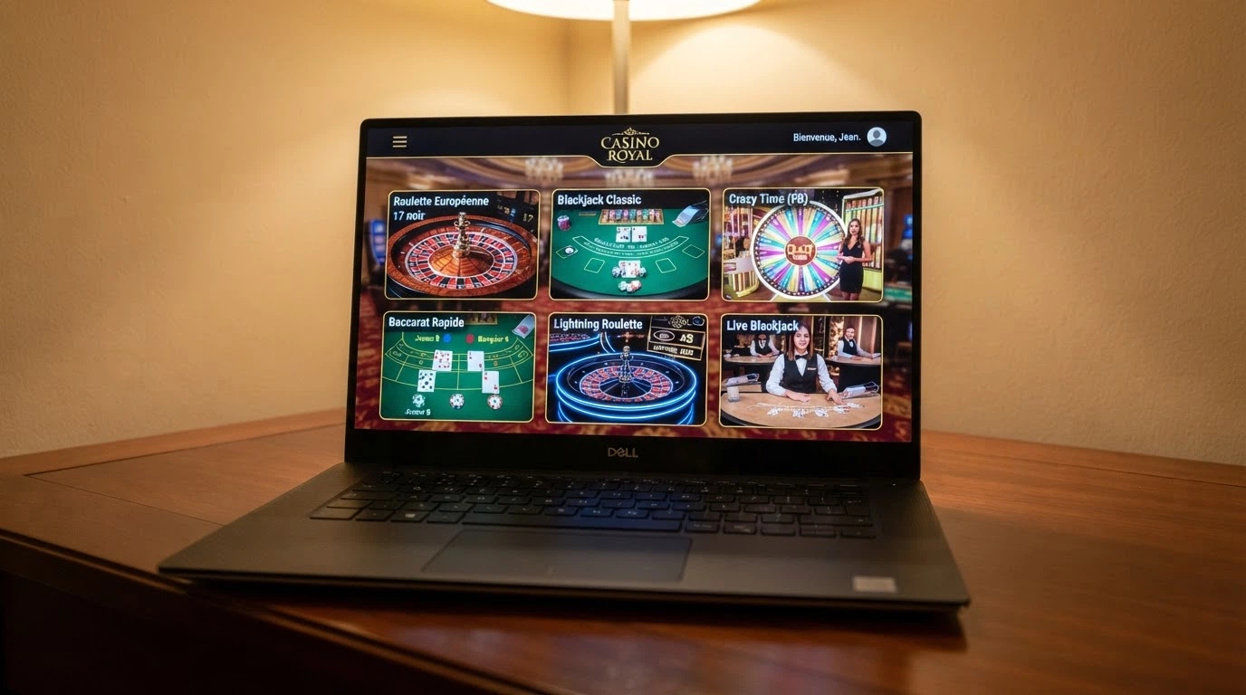 Capture d'écran d'un lobby de casino live montrant plusieurs vignettes de tables : roulette, blackjack, Crazy Time, avec les croupiers visibles et les durées de mise affichées.