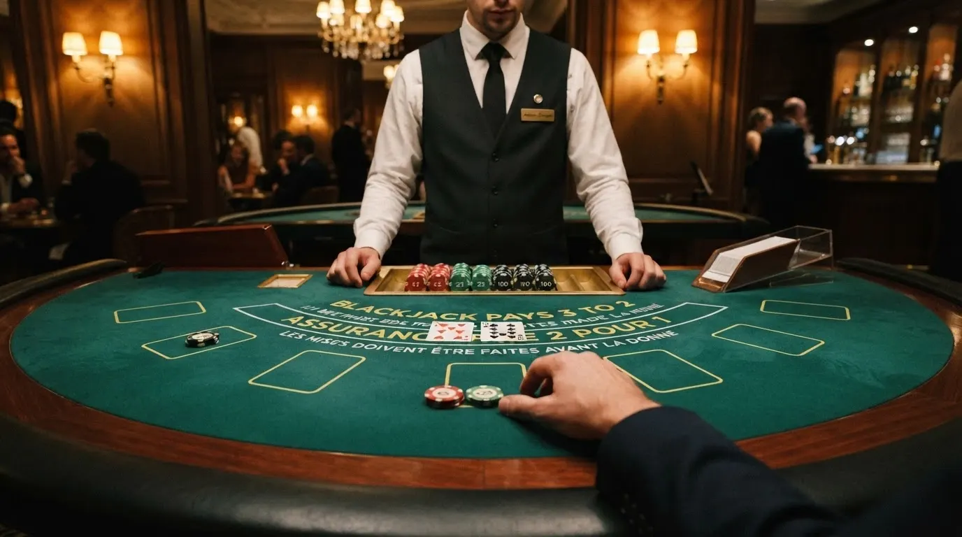 Tables de blackjack et de poker dans un club de jeux parisien, joueurs et croupiers en action sous un éclairage tamisé