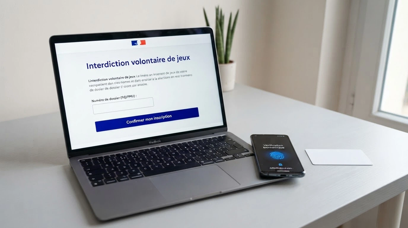 Interface du site de l'ANJ montrant le parcours d'inscription à l'interdiction volontaire de jeux, avec un téléphone et une carte d'identité à côté