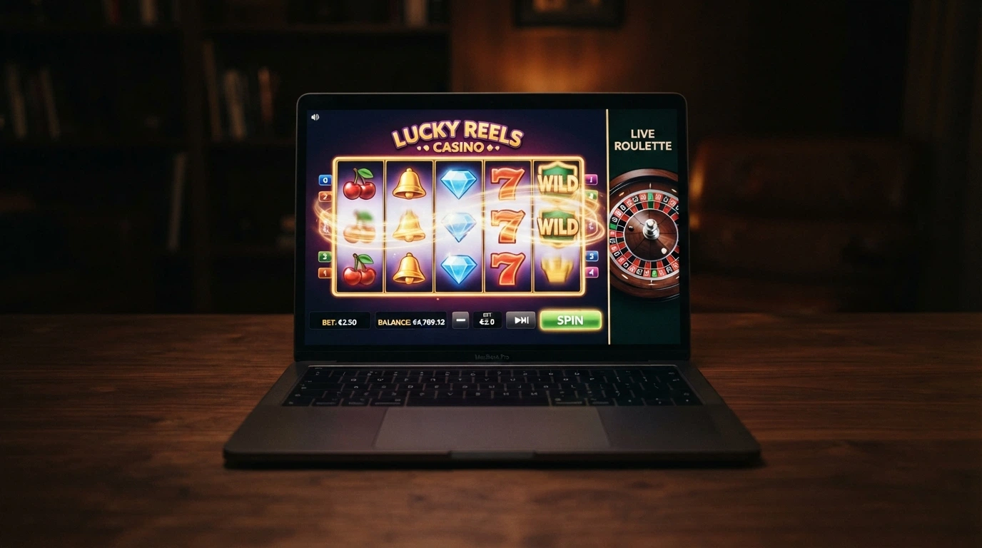 Une machine à sous en ligne sur un écran, roulette et main de blackjack en vignettes latérales, ambiance casino tamisée