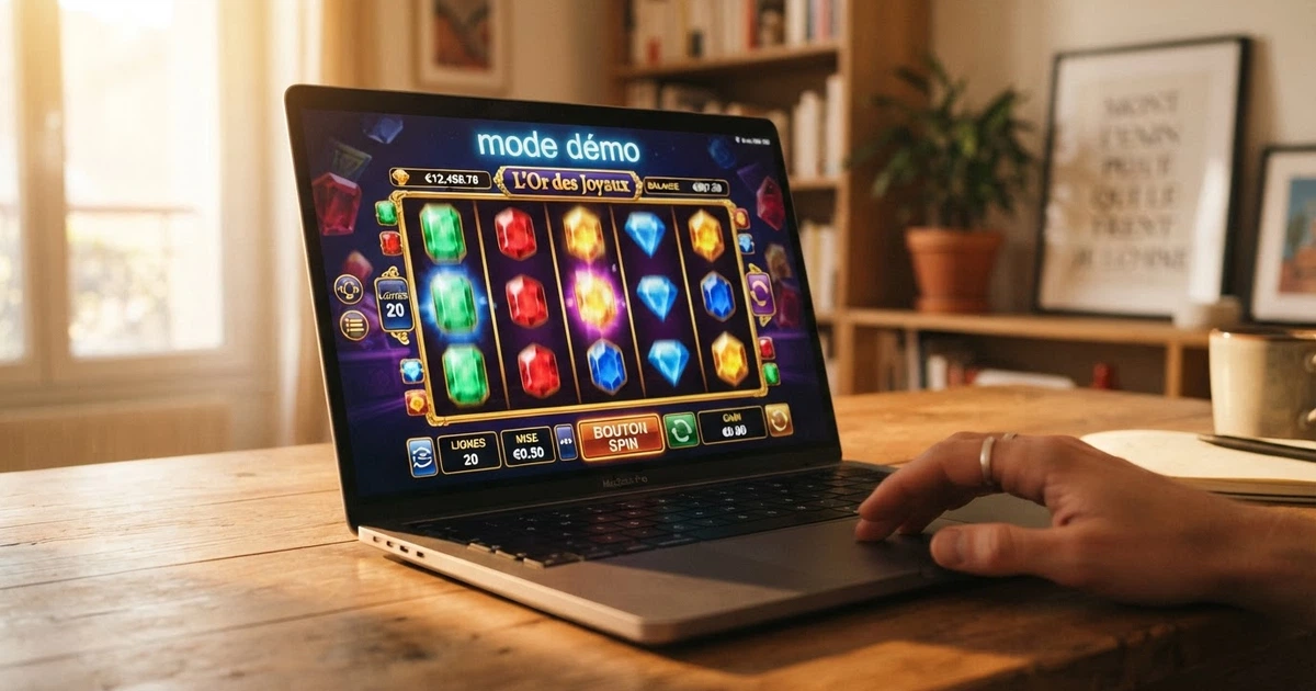 Une interface de casino en ligne affichant une grille de machines à sous sur un écran d'ordinateur portable, avec l'indication « mode démo » visible à l'écran