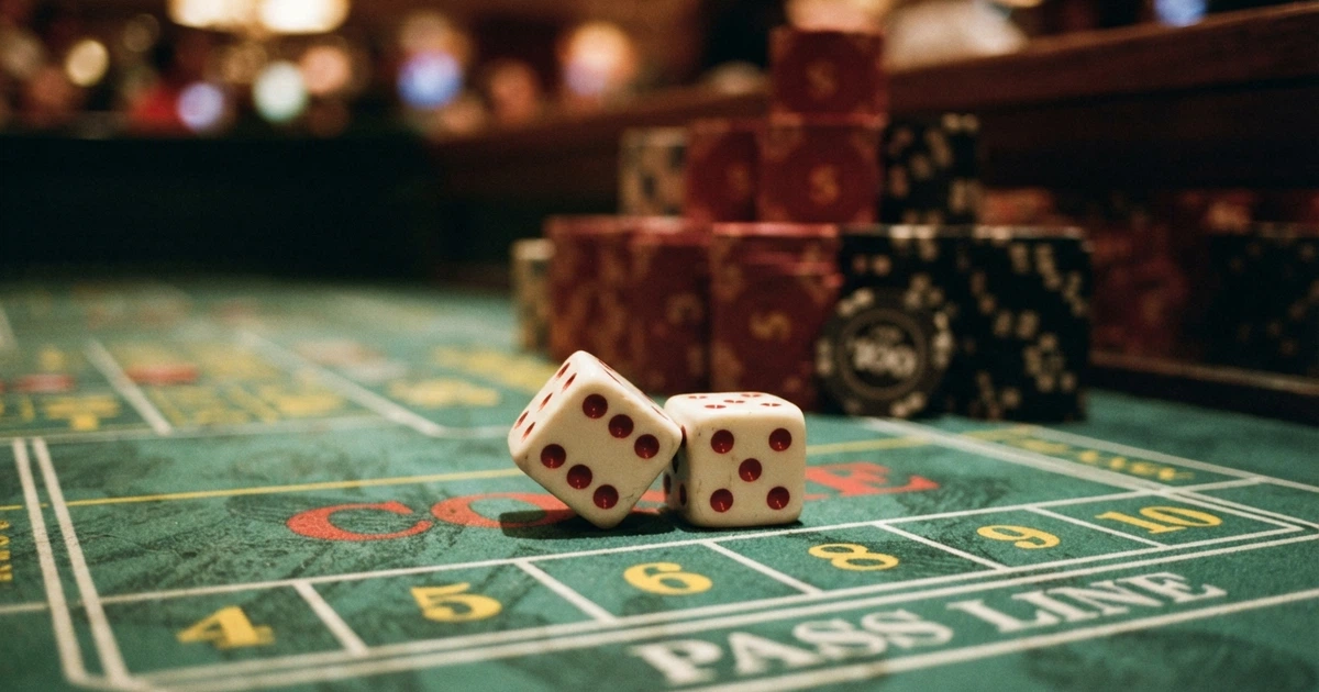 Deux dés blancs à points rouges immobilisés sur un tapis de casino vert, des jetons de valeur empilés en arrière-plan