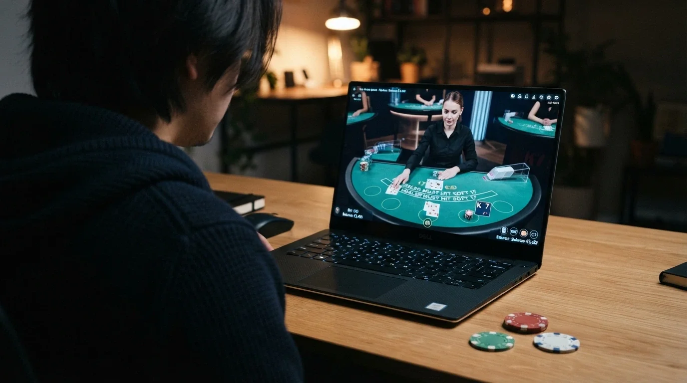 Un croupier en direct vu à travers l'écran d'une table de blackjack sur une interface de casino en ligne, avec des jetons marqués BCH au premier plan