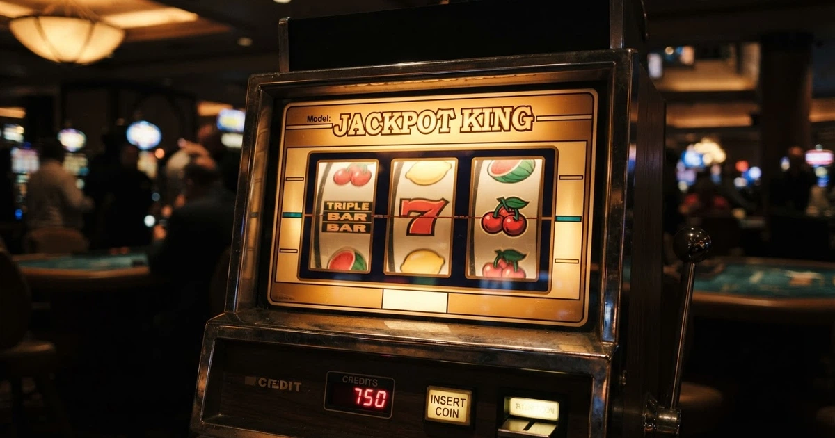 Trois rouleaux de machine à sous classique affichant des symboles de fruits, de BAR et de 7 sur un écran de casino en ligne