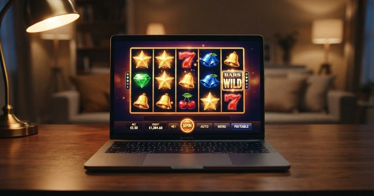 Une grille de machine à sous vidéo 5 rouleaux sur 3 rangées affichée sur un écran, symboles colorés alignés, touches de commande visibles en bas de l'interface