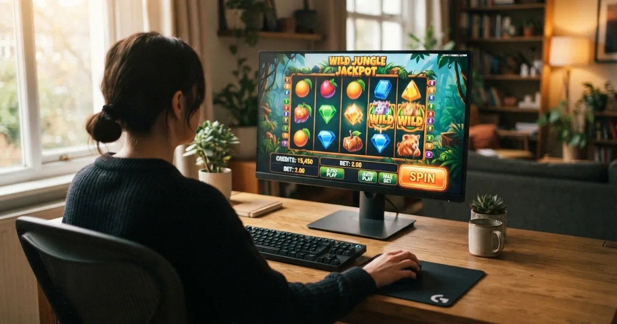 Interface d'une machine à sous en mode démonstration gratuite affichée sur un écran d'ordinateur, avec des rouleaux colorés et des crédits virtuels visibles