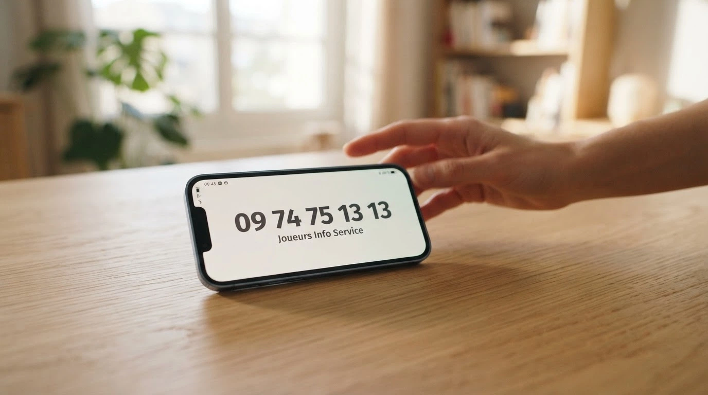 Un téléphone posé sur un bureau, l'écran affichant le numéro 09 74 75 13 13 et le logo Joueurs Info Service, avec une main qui s'en approche