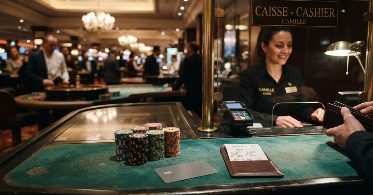 Billets en euros et jetons de casino sur un comptoir, avec une carte bancaire posée à côté