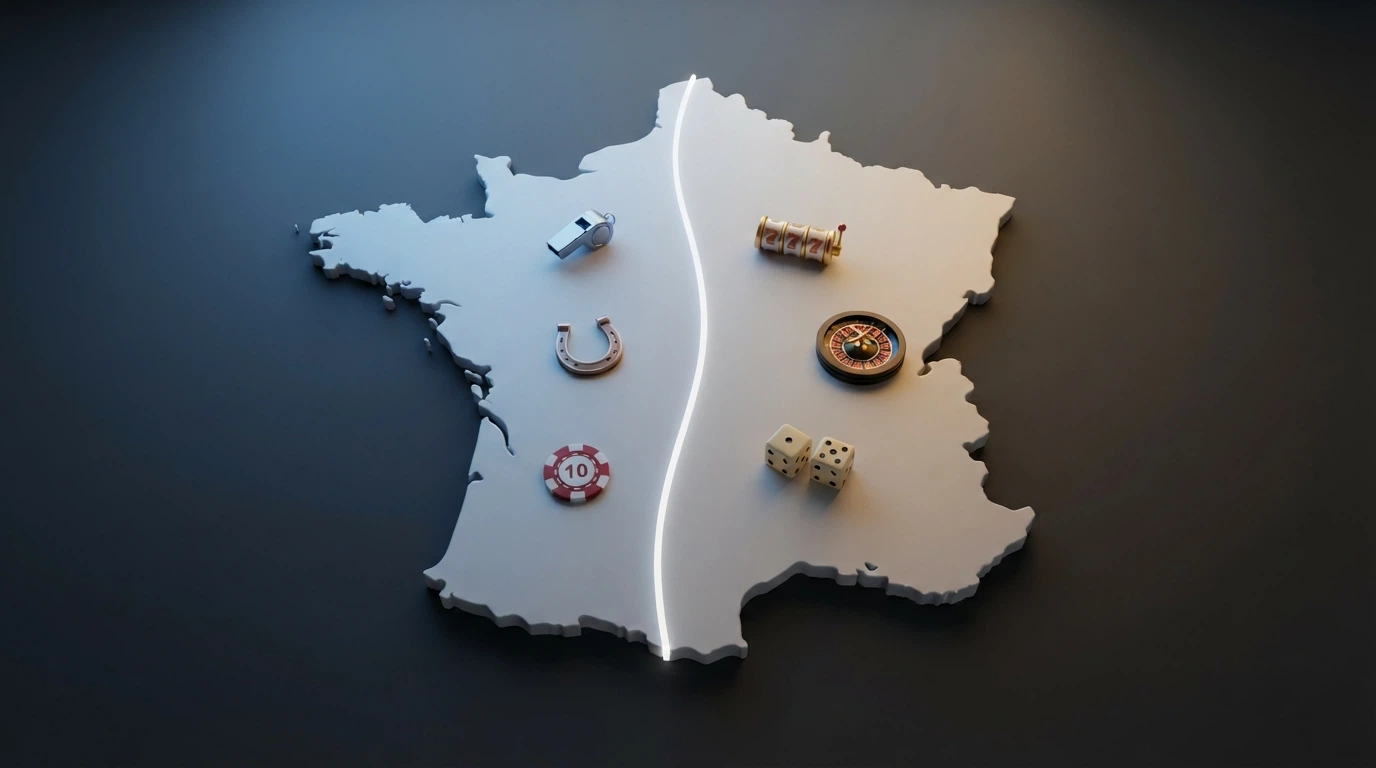Une carte de la France avec des icônes représentant les sites agréés ANJ d'un côté et les casinos offshore de l'autre, séparés par une ligne de démarcation