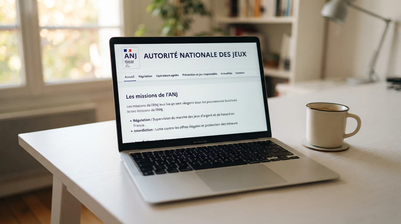 Une page du site de l'ANJ affichée sur un écran, avec le logo de l'Autorité nationale des jeux visible et un bandeau d'information sur la régulation des jeux d'argent en ligne