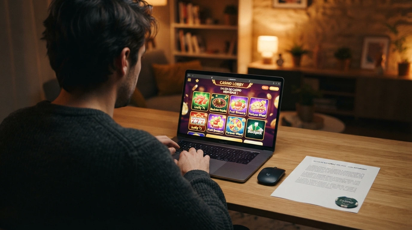 Document officiel ANJ posé sur un bureau à côté d'un écran affichant une interface de casino en ligne