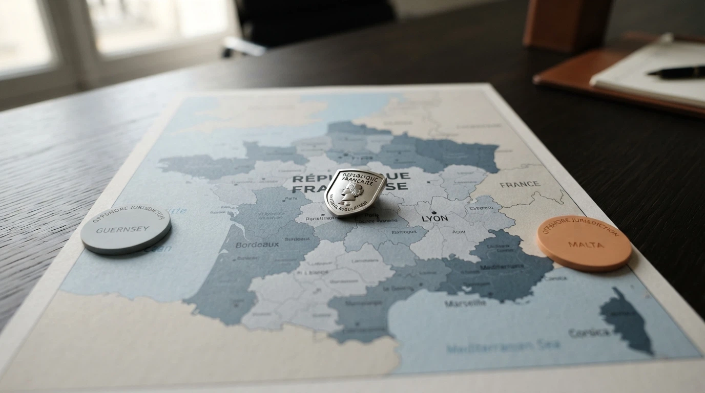 Carte de la France avec les logos de l'ANJ et les icônes des juridictions offshore