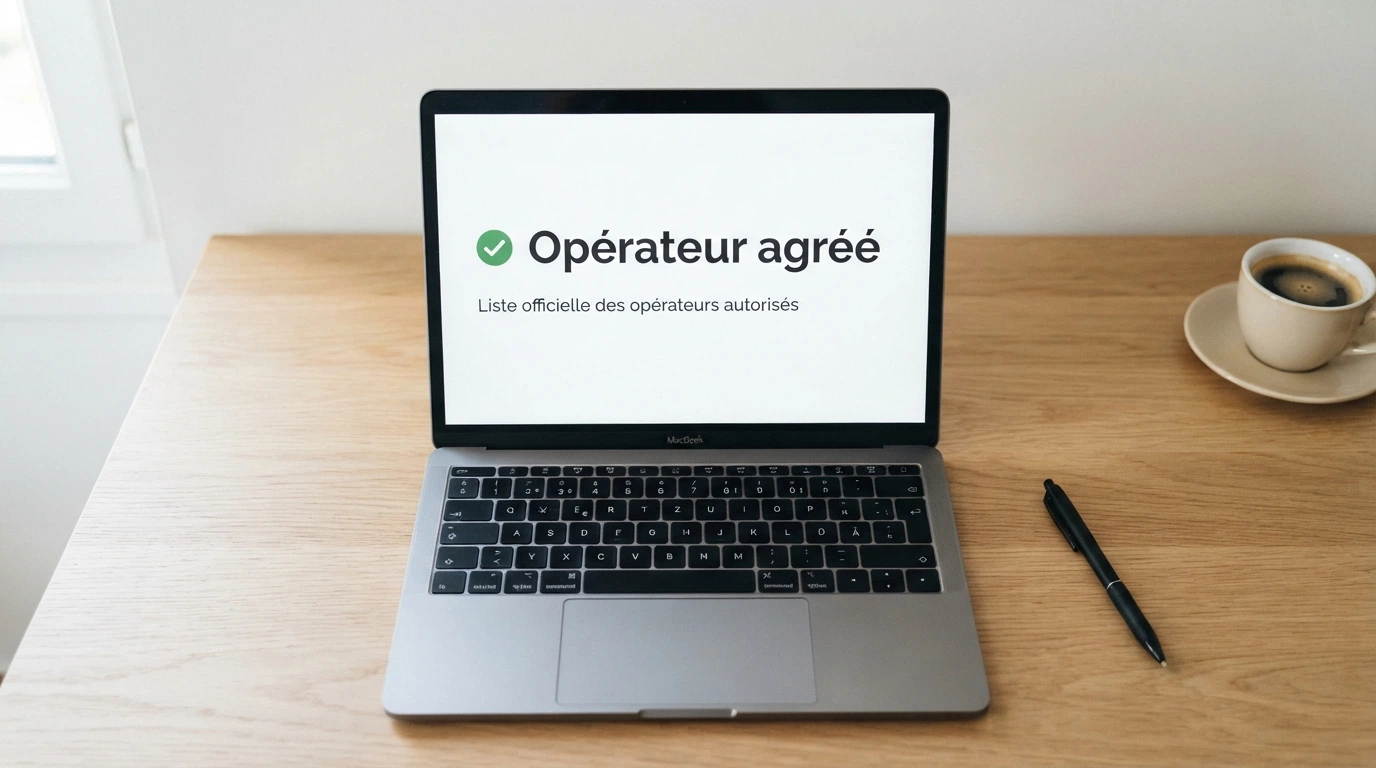Le logo officiel de l'ANJ sur un fond institutionnel, à côté d'un extrait du registre des opérateurs agréés