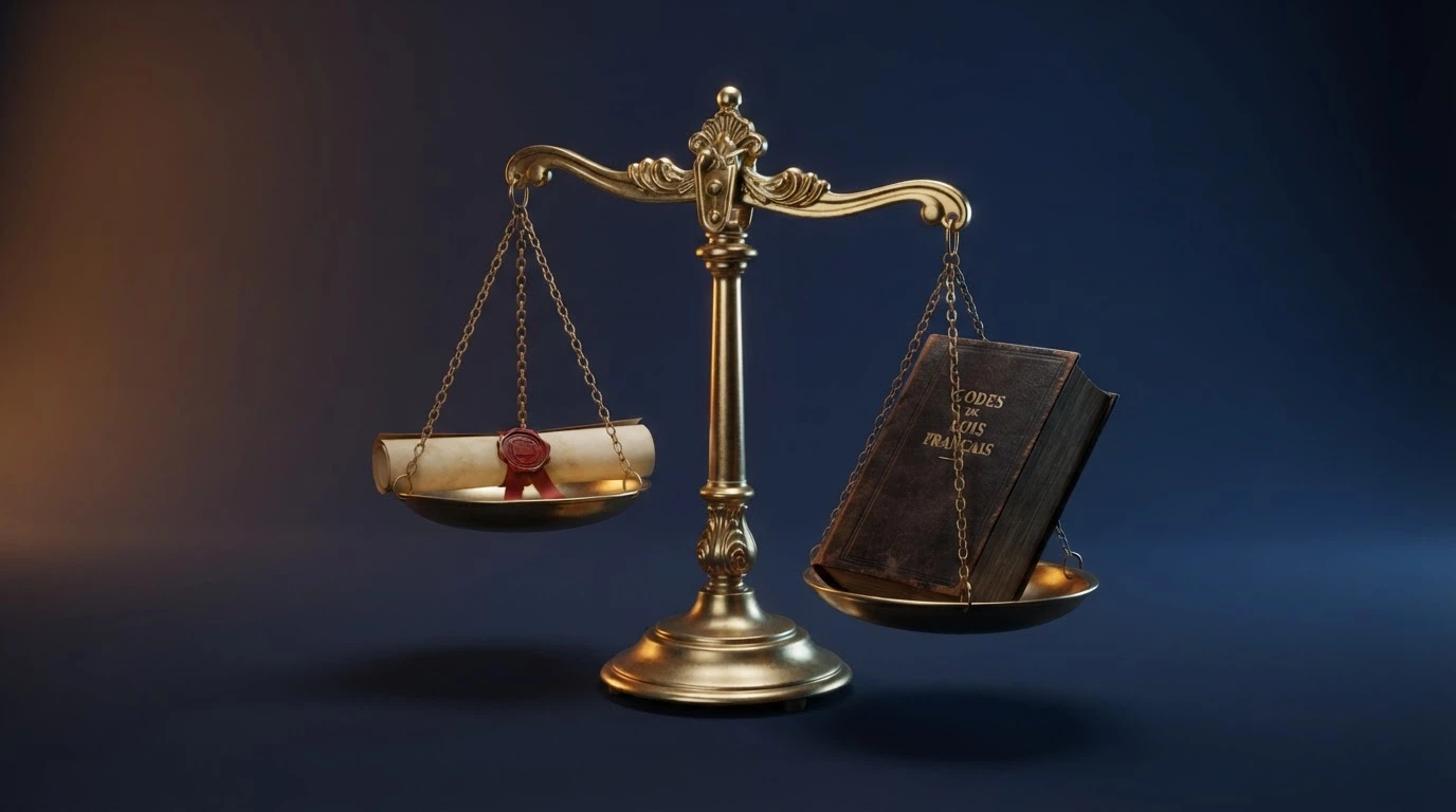 Une balance symbolique opposant un document de licence Curaçao au Code pénal français