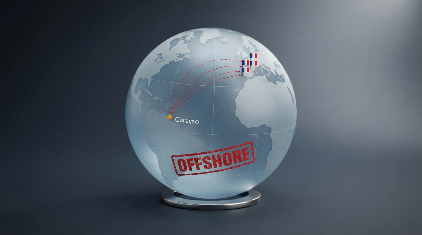Une carte du monde centrée sur l'Europe avec Curaçao mis en évidence par un point lumineux, des lignes en pointillés reliant l'île à plusieurs drapeaux français, et un tampon « Offshore » en rouge sur chaque connexion