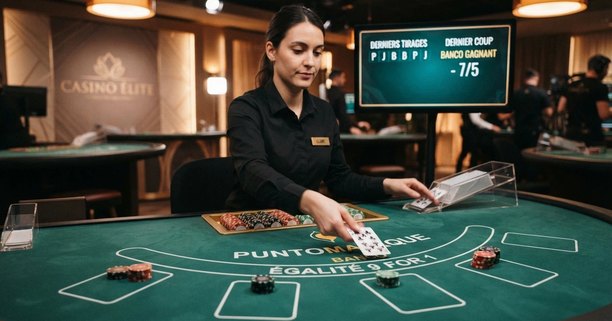 Une table de punto banco en direct filmée en plan large, avec un croupier distribuant les cartes devant un écran affichant les mises Punto, Banco et Égalité