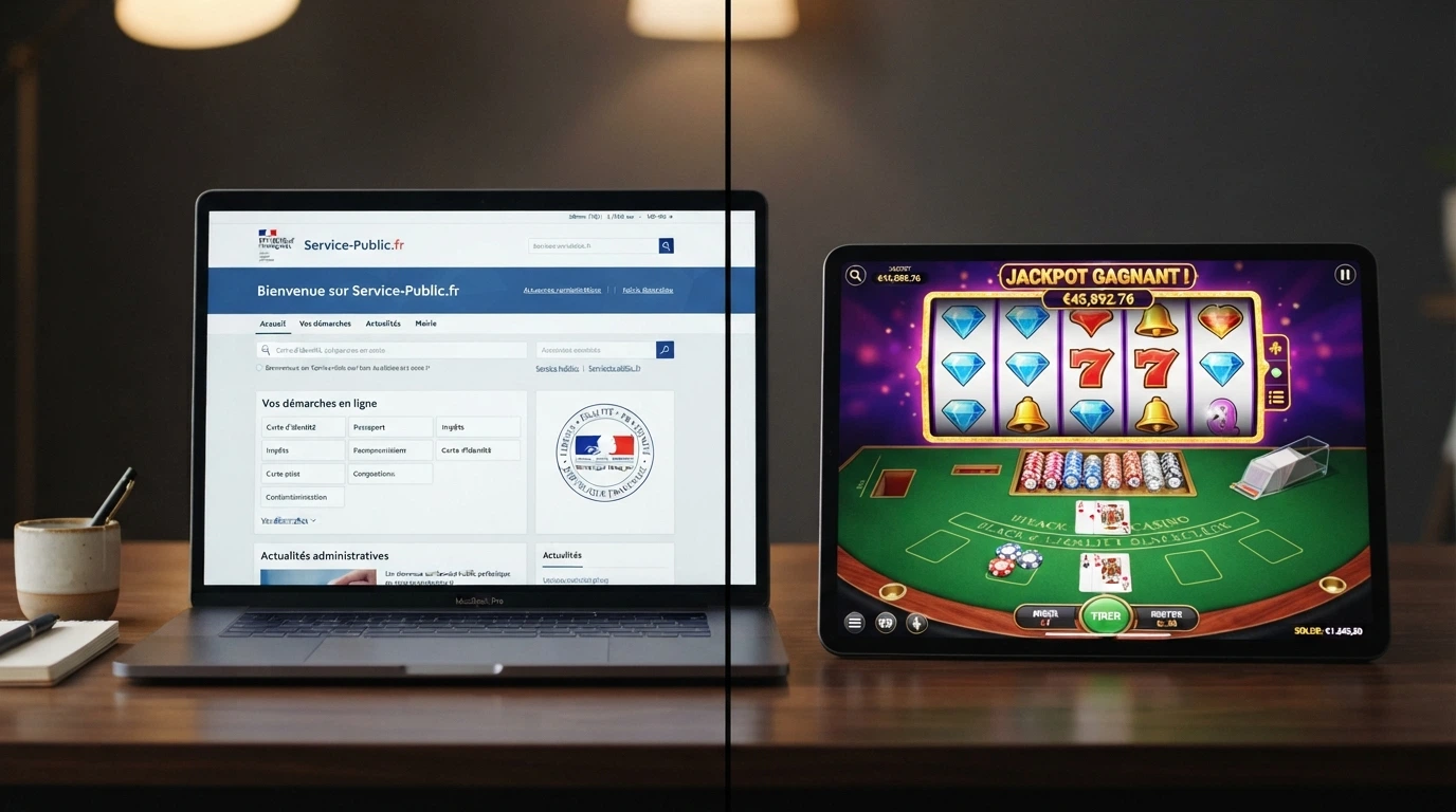 Un écran partagé entre le site officiel de l'ANJ et une interface de casino en ligne, symbolisant la frontière entre le marché régulé et le marché non agréé