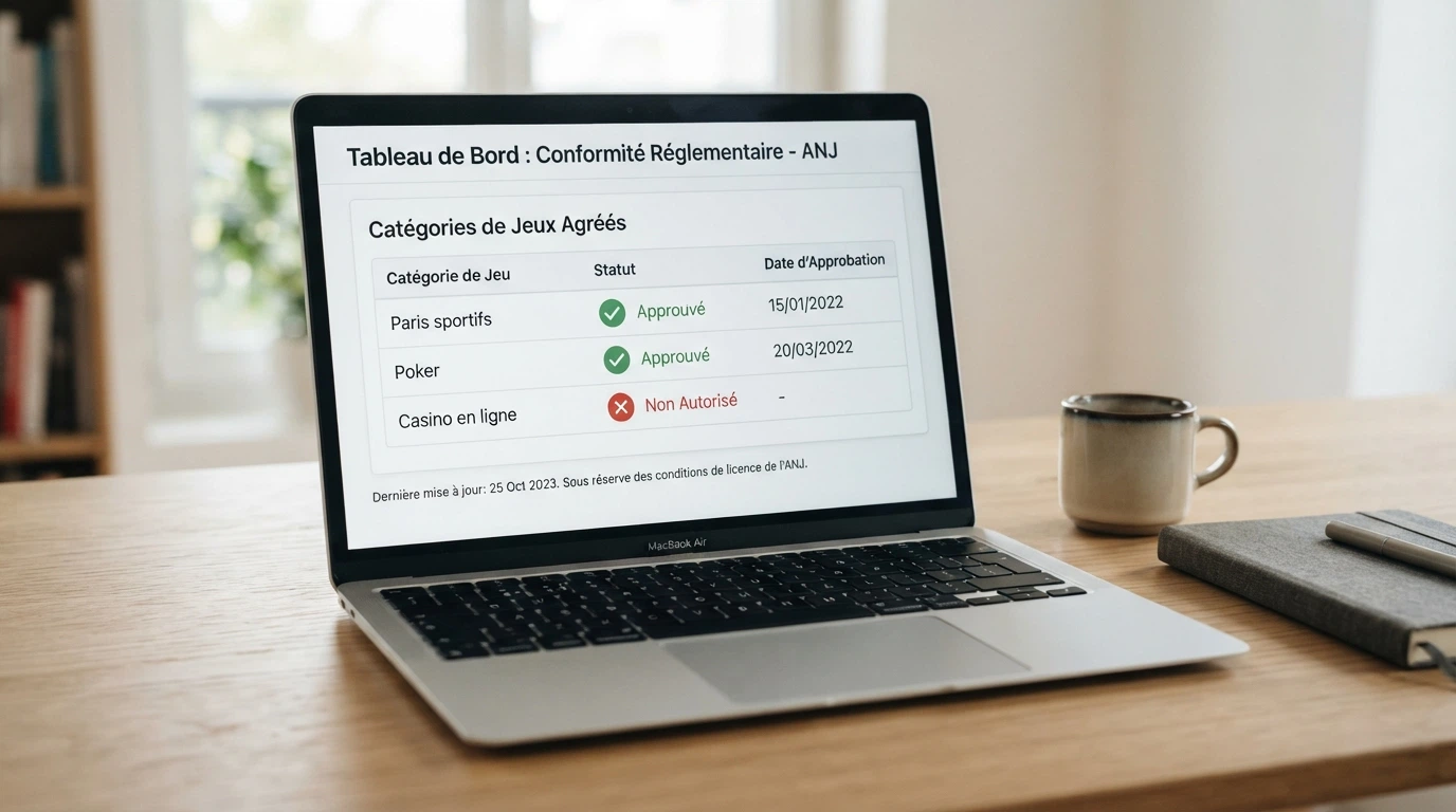 Interface du registre officiel de l'ANJ affichant la liste des opérateurs agréés, où la catégorie « casino en ligne » est absente