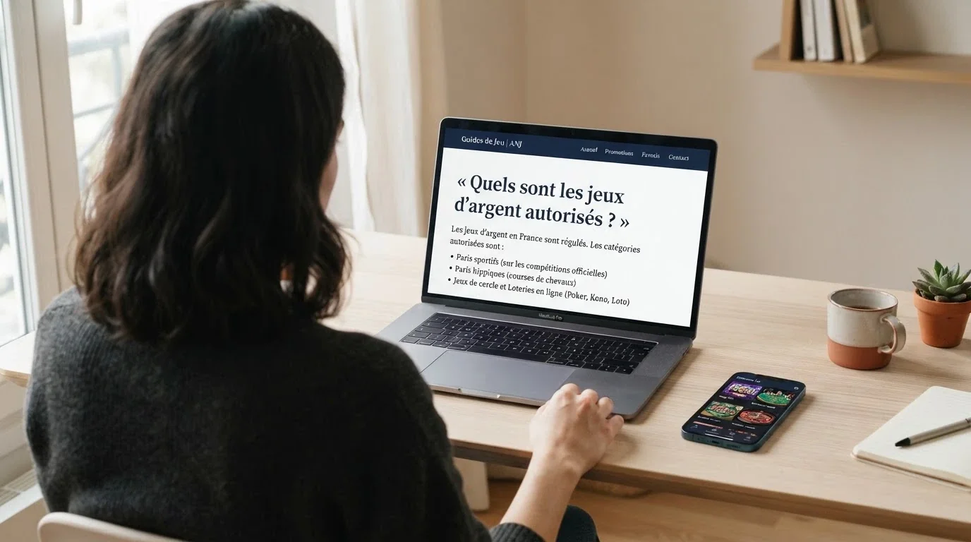 Une capture d'écran du site anj.fr affichant la page « Quels sont les jeux d'argent autorisés en France ? » sur un écran d'ordinateur, à côté d'un smartphone ouvert sur une page de casino