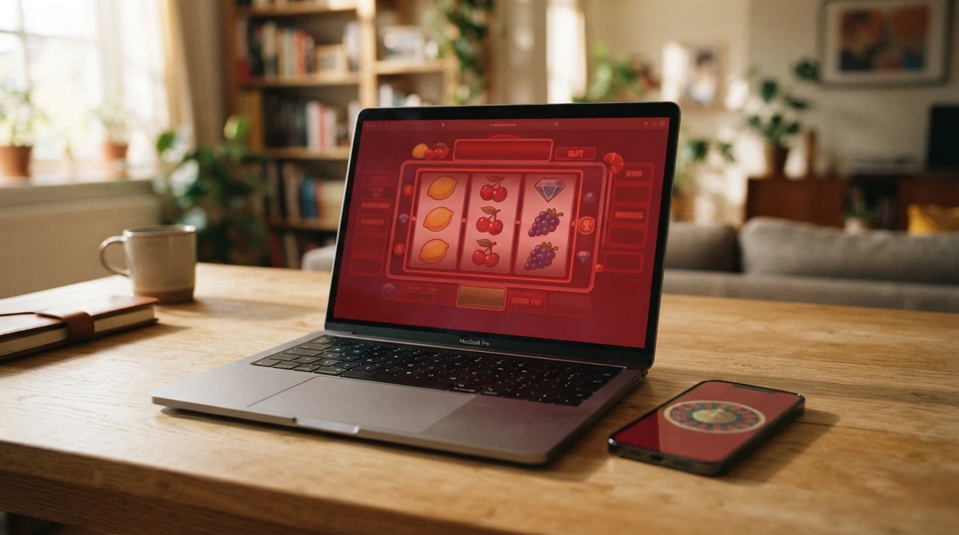 Document officiel au logo de l'ANJ superposé à un écran de casino en ligne barré d'une croix rouge