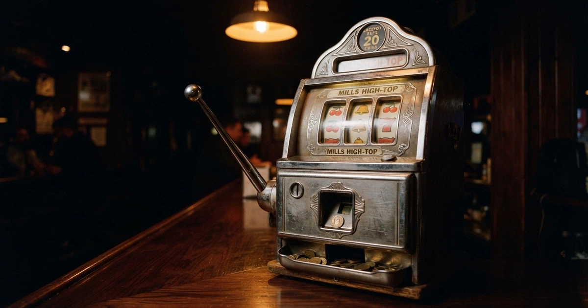 Machine à sous de type bandit manchot avec son levier latéral caractéristique, trois rouleaux et symboles de fruits alignés sur un écran rétroéclairé