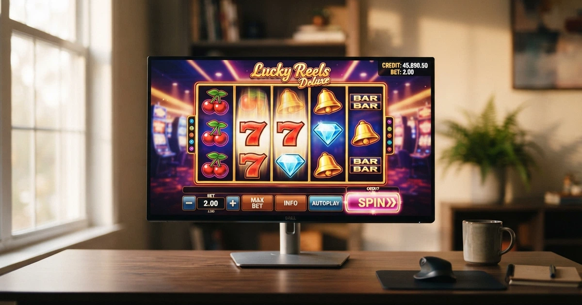 Interface d'une machine à sous en mode démonstration sur un écran d'ordinateur, crédits virtuels affichés en haut à droite, boutons de mise et de spin visibles