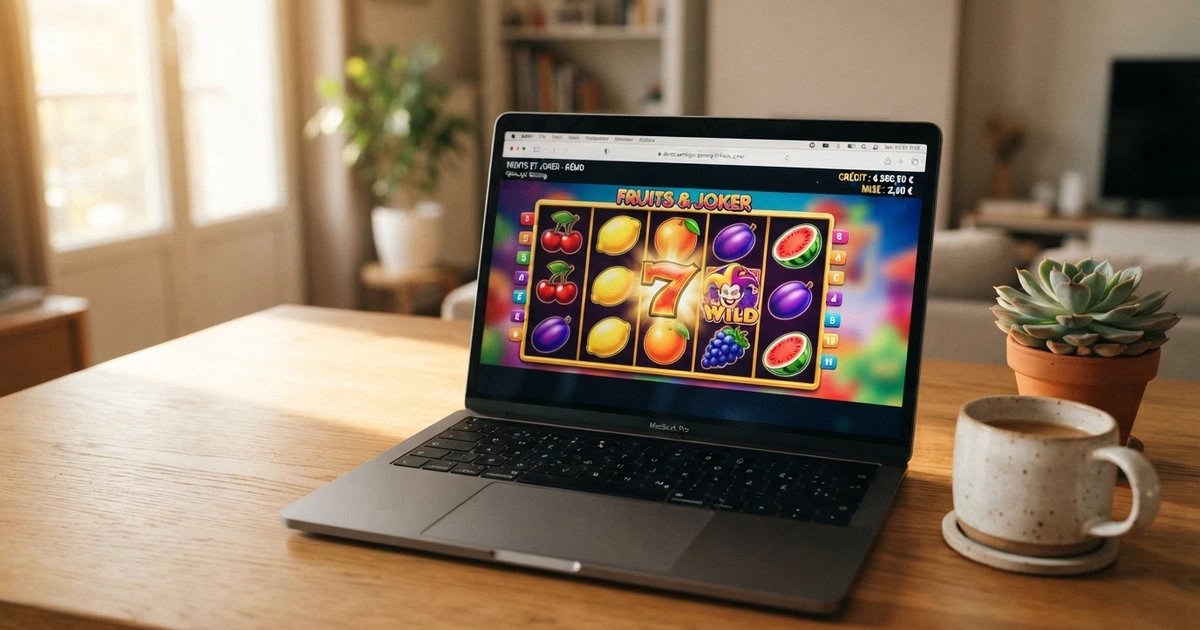 Une interface de machine à sous en mode démo ouverte dans un navigateur, crédits virtuels visibles, sans fenêtre d'inscription