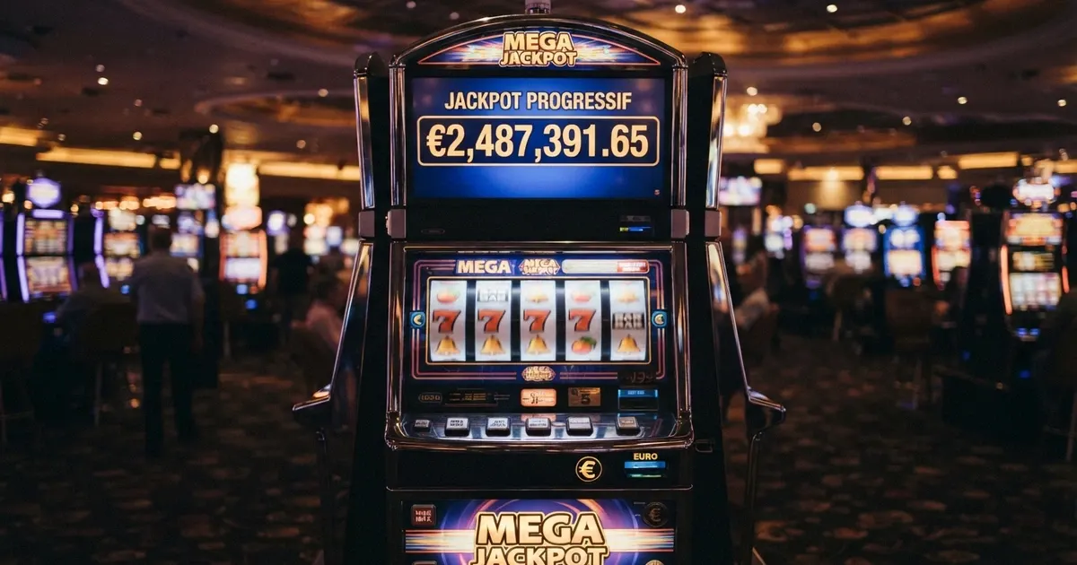 Interface d'une machine à sous à jackpot progressif avec sa cagnotte affichée en haut de l'écran, montrant un montant à sept chiffres