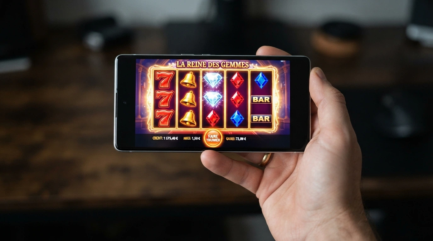Une main tenant un téléphone Android en mode paysage, l'écran affichant une machine à sous vidéo colorée avec l'interface tactile adaptée au mobile