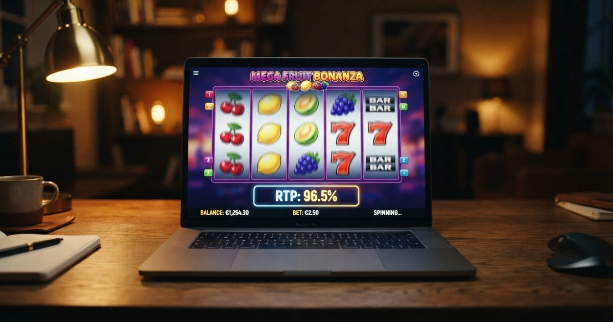 Une machine à sous en ligne affichant un pourcentage RTP dans son interface, avec des rouleaux colorés et une icône d'information visible