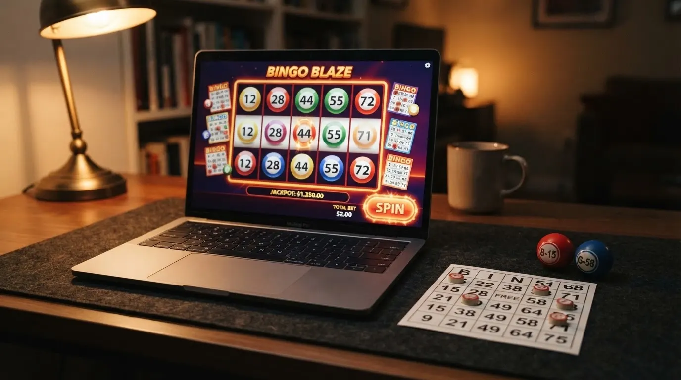 Capture d'écran d'une machine à sous en ligne sur le thème du bingo avec des rouleaux colorés affichant des numéros et des boules, à côté d'un carton de bingo classique