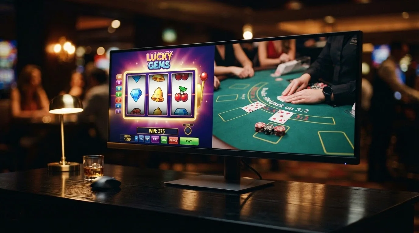 Un écran partagé entre une machine à sous colorée et une table de blackjack en direct avec un croupier