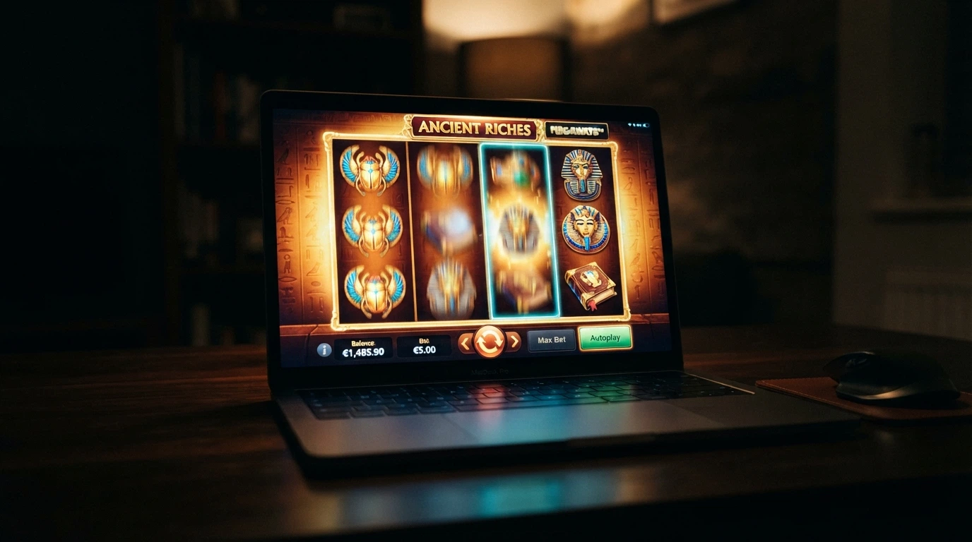 Rouleaux d'une machine à sous en ligne sur fond de casino, avec l'interface de mise visible en bas de l'écran.