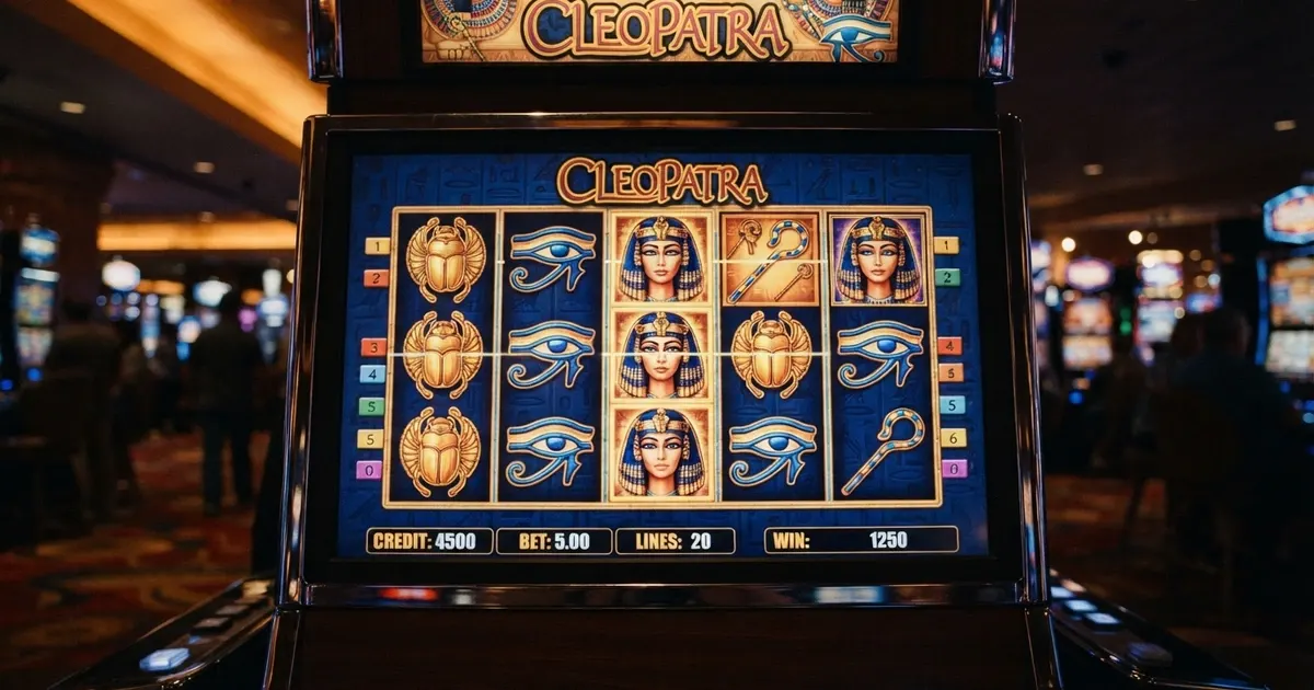Interface de la machine à sous Cleopatra d'IGT affichant ses symboles égyptiens — scarabée, œil d'Horus, sceptre et le visage de Cléopâtre — sur une grille de 5 rouleaux et 3 rangées