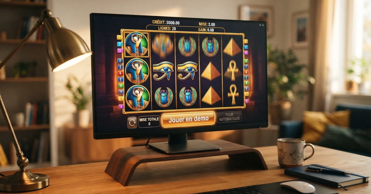 Interface d'une machine à sous Merkur en mode démonstration sur un écran d'ordinateur, avec les rouleaux visibles et le bouton « Jouer en démo »
