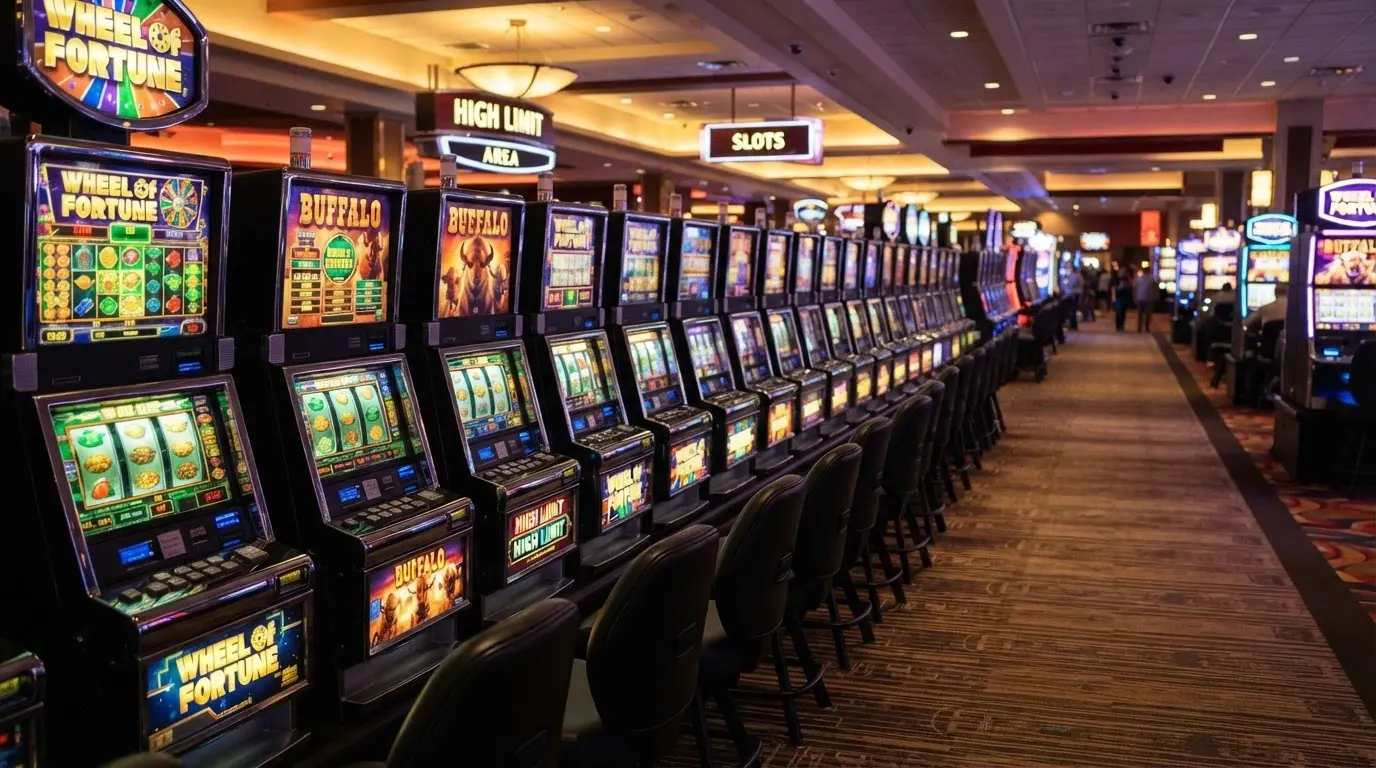 Rangée de machines à sous dans un casino physique, écrans lumineux alignés, salle de jeu