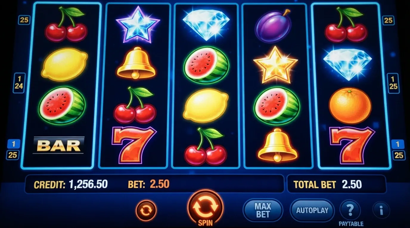 Écran de jeu d'une machine à sous en ligne colorée avec cinq rouleaux, des symboles de fruits et de pierres précieuses, et le compteur de mise en évidence