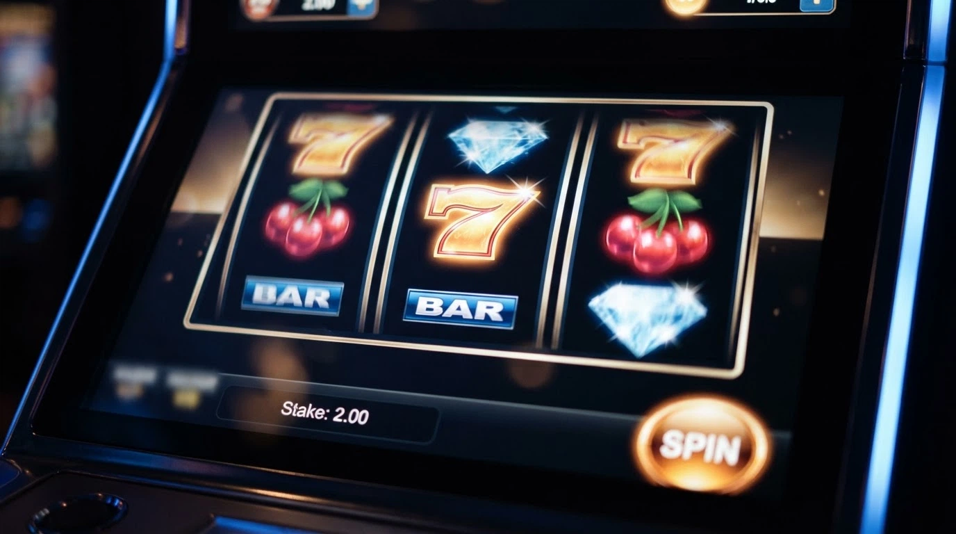 Gros plan sur les rouleaux d'une machine à sous en ligne aux symboles lumineux, avec l'interface de mise visible