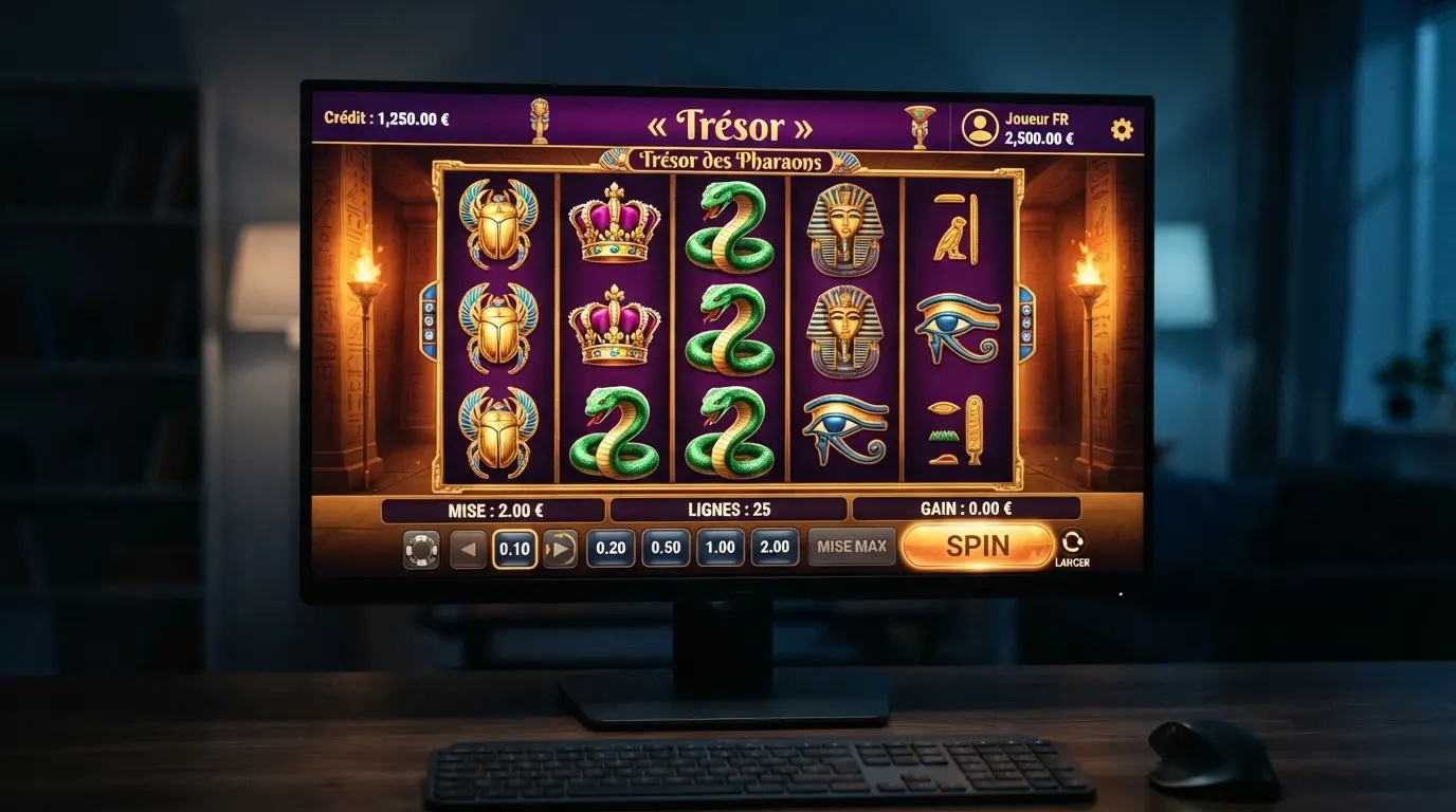Écran de jeu d'une machine à sous en ligne avec l'interface de mise visible et le titre du jeu en haut