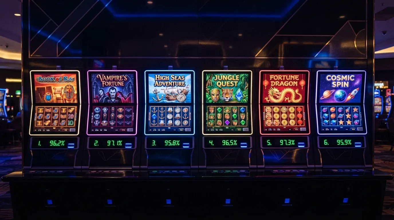 Une grille de machines à sous en ligne avec leur taux de redistribution affiché sous chaque titre, dont Book of 99 en tête à 99 %