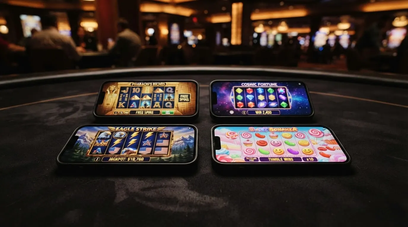 Écrans de jeu des machines à sous Book of Dead, Starburst, Thunderhawk et Sweet Bonanza 1000