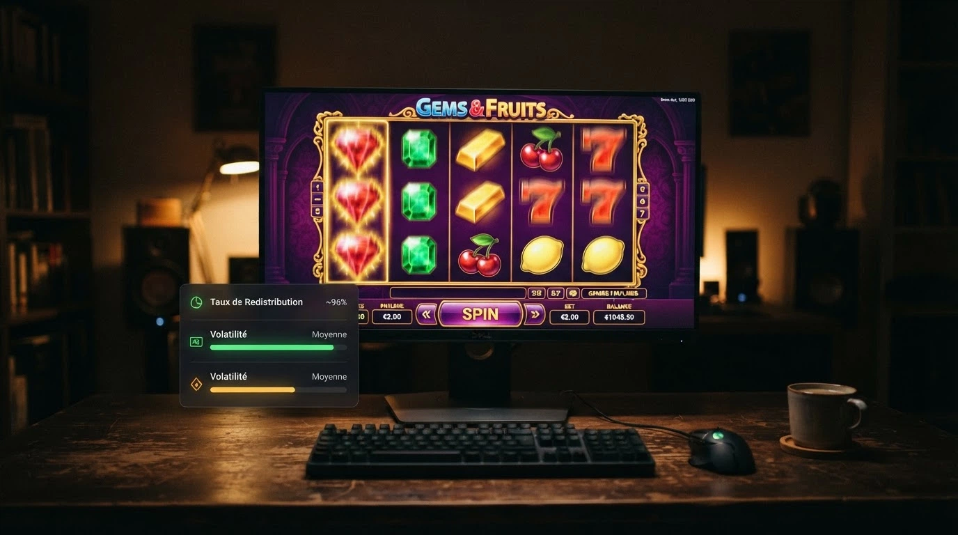 Une interface de machine à sous en ligne affichant son tableau de RTP et de volatilité, avec les rouleaux visibles en mouvement